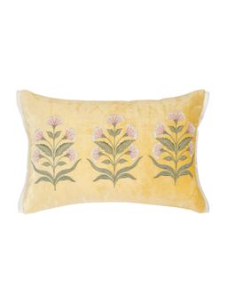 Nisrag Home - Yellow Floral Embroidered Velvet Rectangle Cushion Cover (12 x 15 Inches)