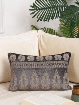 Nisrag Home - Grey Ethnic Motifs Velvet Rectangle Cushion Cover (12 x 15 Inches)