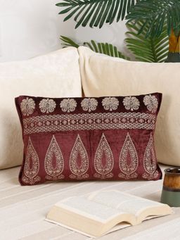 Nisrag Home - Maroon Ethnic Motifs Velvet Rectangle Cushion Cover (12 x 15 Inches)