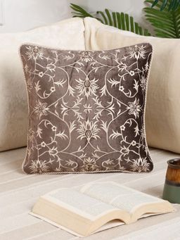 Nisrag Home - Brown Floral Embroidered Velvet Square Cushion Cover (16x16 Inches)