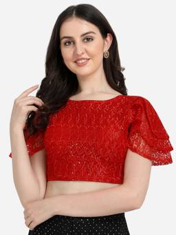 Amrutam Fab - Women's Embroidered & Sequences Work Red Net Boat Neck Blouse