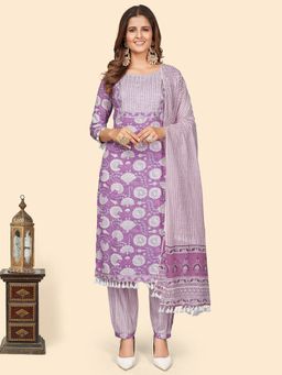 Vbuyz - Women Print & Sequence Straight Lavender Kurta Pant with Dupatta (Set of 3)
