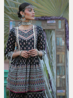 Juniper - Black Ethnic Motif Printed Pure Cotton Peplum Tunic with Lace Work