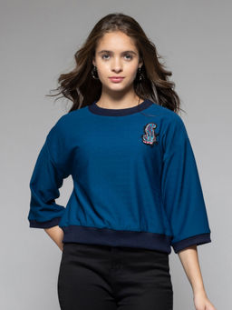 SHAYE - Women Round Neck Blue Embroidered Three-Quarter Sleeves Sweatshirt