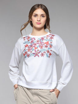 SHAYE - Women Round Neck White Floral Print Full Sleeves Sweatshirt