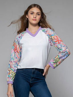 SHAYE - Women V-Neck White Printed Full Sleeves Sweatshirt