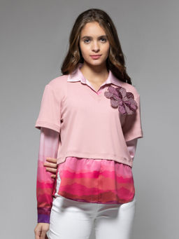 SHAYE - Women Spread Collar Pink Printed Full Sleeves Sweatshirt