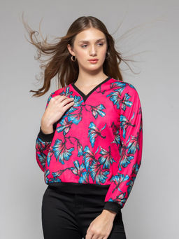 SHAYE - Women V-Neck Fuchsia Pink Floral Print Full Sleeves Sweatshirt