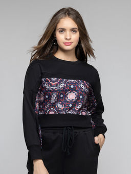 SHAYE - Women Round Neck Black Printed Full Sleeves Sweatshirt