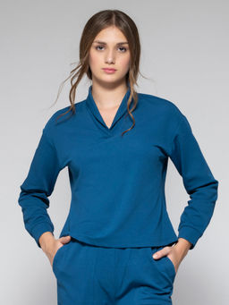 SHAYE - Women V-Neck Blue Solid Full Sleeves Casual Sweatshirt