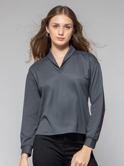 SHAYE - Women V-Neck Grey Solid Full Sleeves Sweatshirt