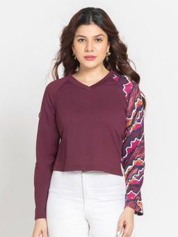 SHAYE - Women V-Neck Maroon Printed Full Sleeves Sweatshirt