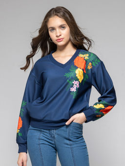 SHAYE - Women V-Neck Blue Floral Print Full Sleeves Sweatshirt