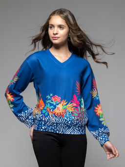 SHAYE - Women V-Neck Blue Floral Print Full Sleeves Casual Sweatshirt