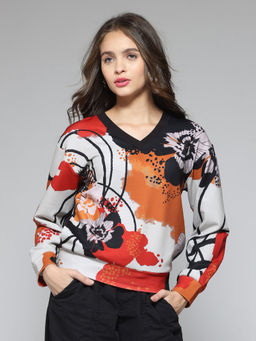 SHAYE - Women V-Neck Black Printed Full Sleeves Casual Sweatshirt