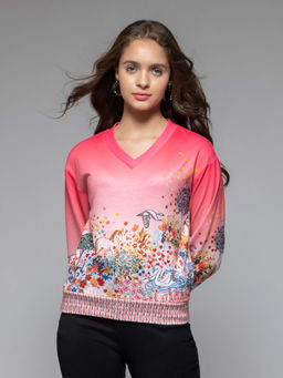 SHAYE - Women V-Neck Pink Printed Full Sleeves Casual Sweatshirt