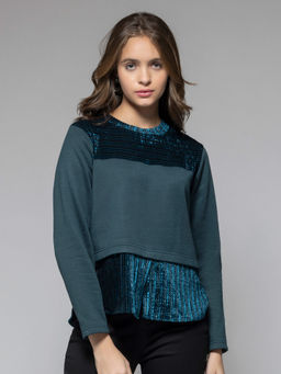 SHAYE - Women Round Neck Green Textured Long Sleeves Casual Sweatshirt