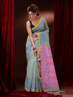 CHARUKRITI - Sage Green Cotton Handspun Polka Buttas and Floral Borders Saree with Unstitched Blouse