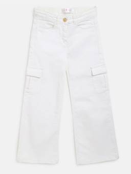 Tales & Stories - Girl's White Flared Cotton Blend Solid Cargo Trouser