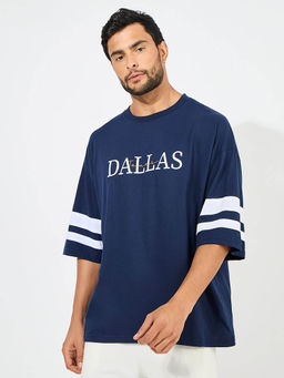 Styli - Men Navy Blue Solid Boxy Fit T-Shirt