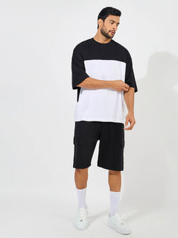 Styli - Men Black Colorblock Heavy Cotton Jersey Cargo Co-ord (Set of 2)