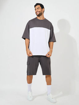 Styli - Men Grey Colorblock Heavy Cotton Jersey Cargo Co-ord (Set of 2)