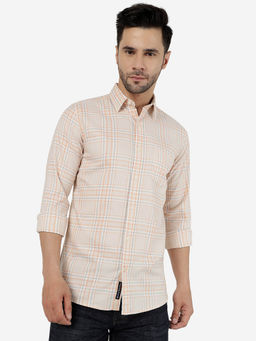 JadeBlue - Mens Cotton Checked Peach Slim Fit Full Sleeve Casual Shirt