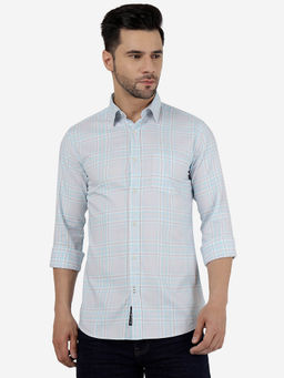 JadeBlue - Mens Cotton Checked Barley Blue Slim Fit Full Sleeve Casual Shirt