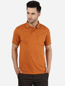 Greenfibre - Men Cotton Blend Solid Leather Brown Slim Fit Polo T-Shirt