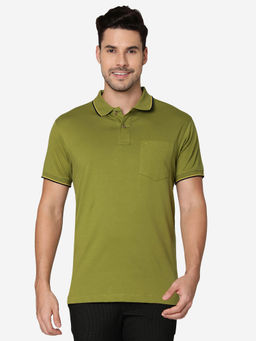 Greenfibre - Mens Cotton Blend Solid Woodbine Green Slim Fit Half Sleeve Polo T-Shirt