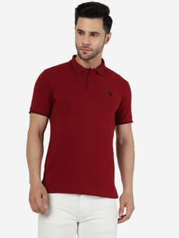 Greenfibre - Men Solid Maroon Cotton Blend Slim Fit Polo T-Shirt