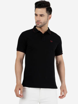 Greenfibre - Mens Cotton Blend Solid Black Slim Fit Half Sleeve Polo T-Shirt