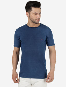 JadeBlue - Men Solid Navy Blue Pure Cotton Slim Fit T-Shirt