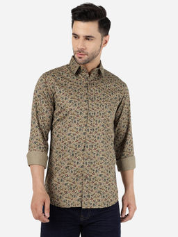 JadeBlue - Mens Cotton Printed Light Olive Slim Fit Full Sleeve Casual Shirt