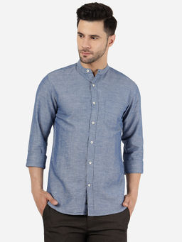 JadeBlue - Men 100% Cotton Solid Blue Slim Fit Casual Shirt