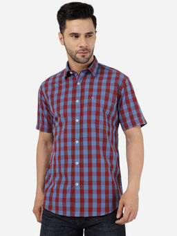 Greenfibre - Mens Cotton Checked Bonnie Blue Regular Fit Half Sleeve Semi Casual Shirt