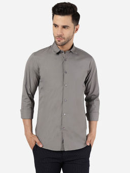 JadeBlue - Men 100% Cotton Solid Grey Slim Fit Casual Shirt