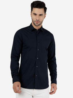 JadeBlue - Mens Cotton Solid Navy Blue Slim Fit Full Sleeve Casual Shirt