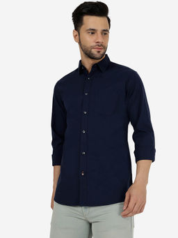 JadeBlue - Men Solid Navy Blue Pure Cotton Slim Fit Casual Shirt