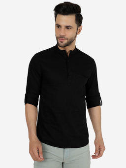 Greenfibre - Men Solid Black Pure Cotton Slim Fit Semi-Casual Shirt With Mandarin Collar