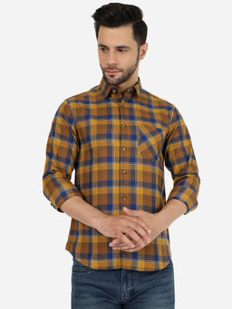 Greenfibre - Men Checked Yellow & Blue Pure Cotton Slim Fit Casual Shirt