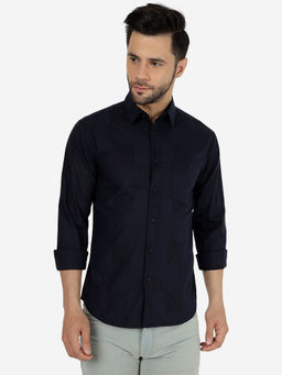 Greenfibre - Men Solid Navy Blue Pure Cotton Slim Fit Casual Shirt