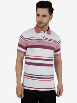 Greenfibre - Men Cotton Blend Striped White & Pink Slim Fit Polo T-Shirt