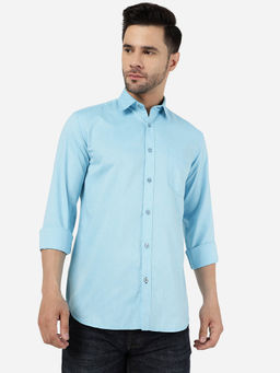 Greenfibre - Mens Cotton Solid Blue Regular Fit Full Sleeve Semi Casual Shirt