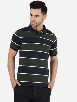 Greenfibre - Mens Cotton Blend Striped Navy Blue & Olive Slim Fit Half Sleeve Polo T-Shirt