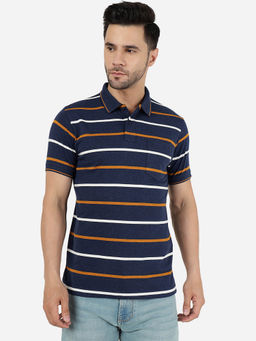 Greenfibre - Mens Cotton Blend Striped Blue & Yellow Slim Fit Half Sleeve Polo T-Shirt