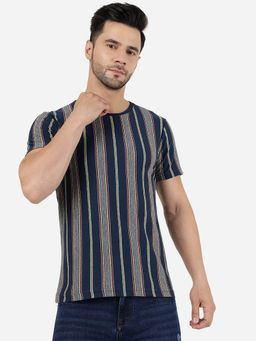 JadeBlue - Mens Cotton Striped Blue & Yellow Slim Fit Half Sleeve T-Shirt