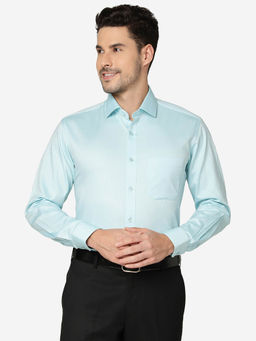 Greenfibre - Mens Cotton Blend Solid Green Slim Fit Full Sleeve Formal Shirt