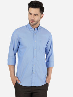 JadeBlue - Men 100% Cotton Solid Blue Slim Fit Semi-Casual Shirt