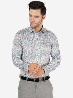 JB Studio - Mens Cotton Printed Cream & Blue Slim Fit Full Sleeve Party Wear Shirt